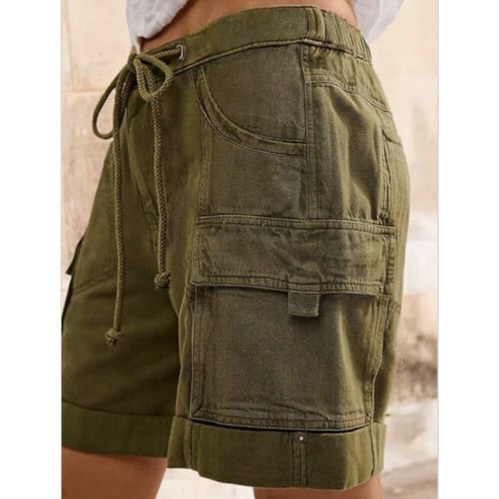 Women’s Olive Cargo Drawstring Shorts with Patch Pockets - Picture 2 of 10